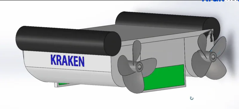 CAD rendering of the Kraken catamaran with twin hulls and two propellers